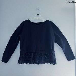 J. Crew Crew Neck Navy Eyelet Lace Hem Long Sleeve‎ Sweater Top Medium Preppy